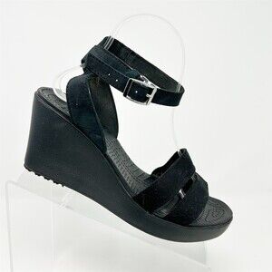 Crocs Leigh II Wedge Sandals Womens Black Strappy Ankle Strap Comfort Size 9